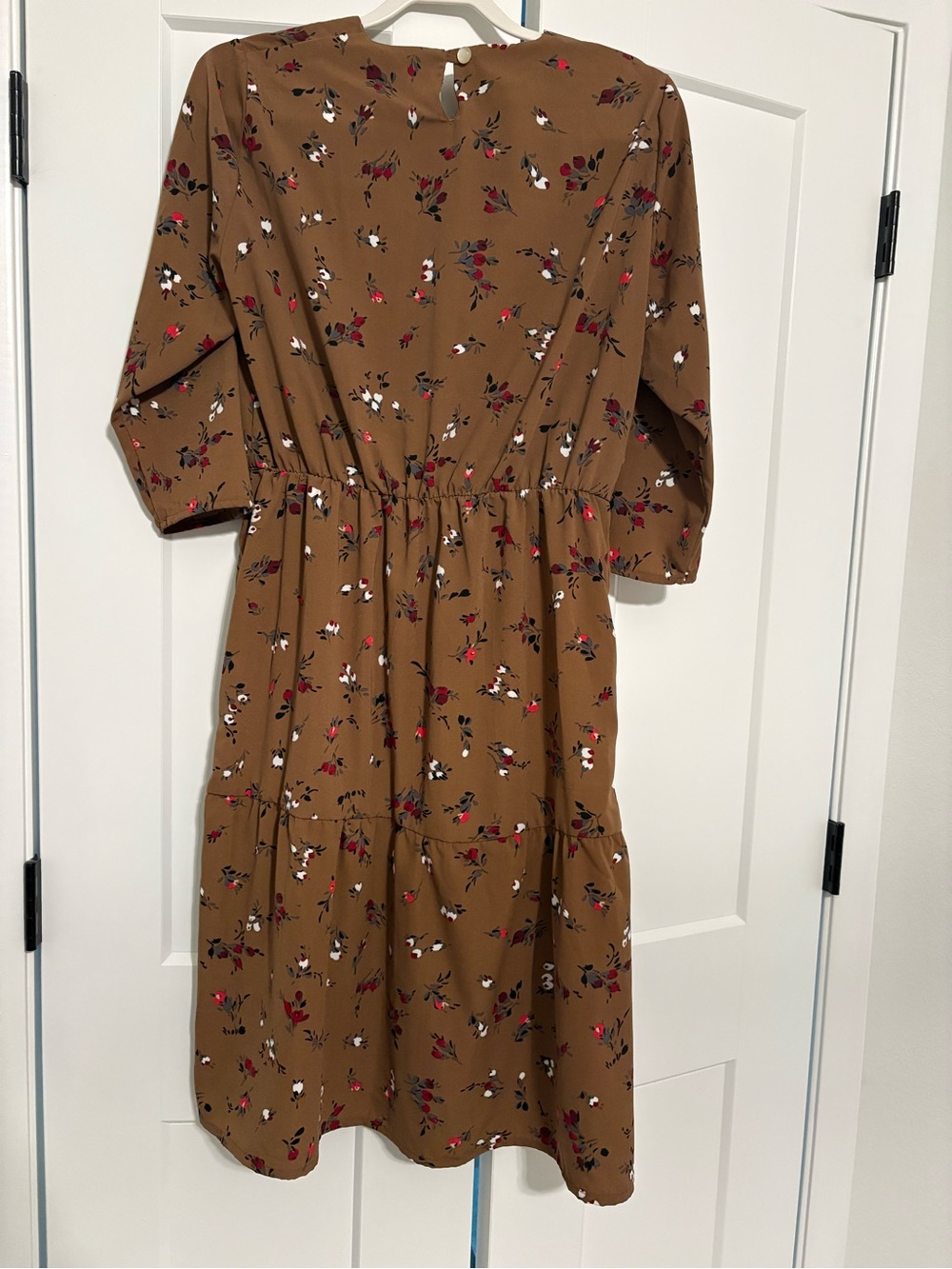Tiered Floral Midi Dress in Camel with Red Accents - Picture 6 of 6